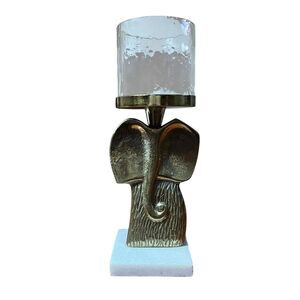 Elephant Hurricane Candle Holder Large Bronze Metal Glass Stone India Home Decor